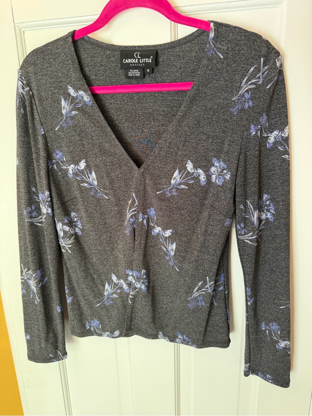 Carole Little Gray Blue Floral Knit V-Neck Cardigan Top Size 4